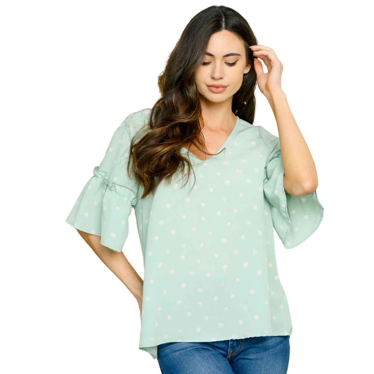 Vine & Love Womens V-neck Ruffle Sleeve Polka Dot Blouse | eBay