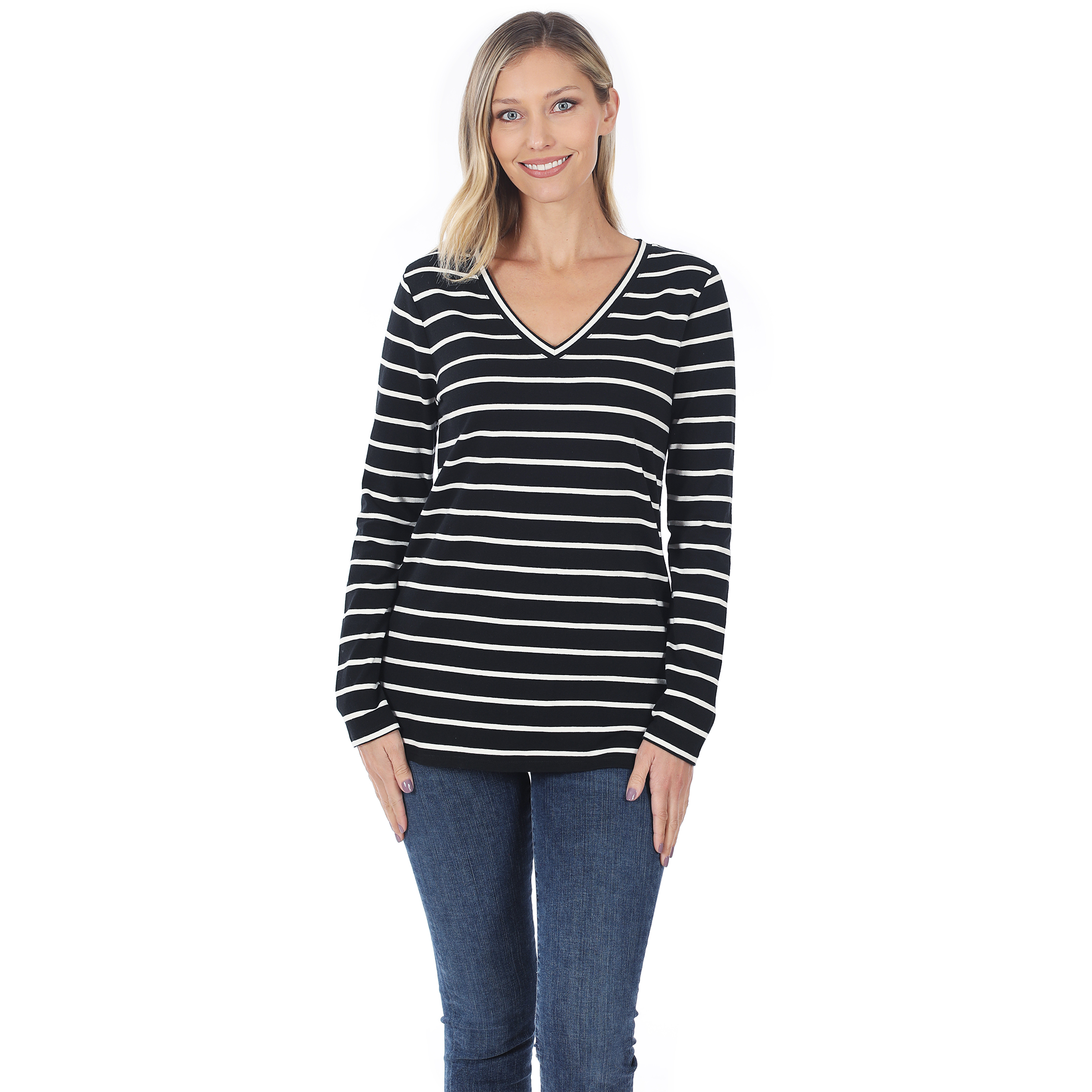 Zenana Split Neck Stripe Sweater