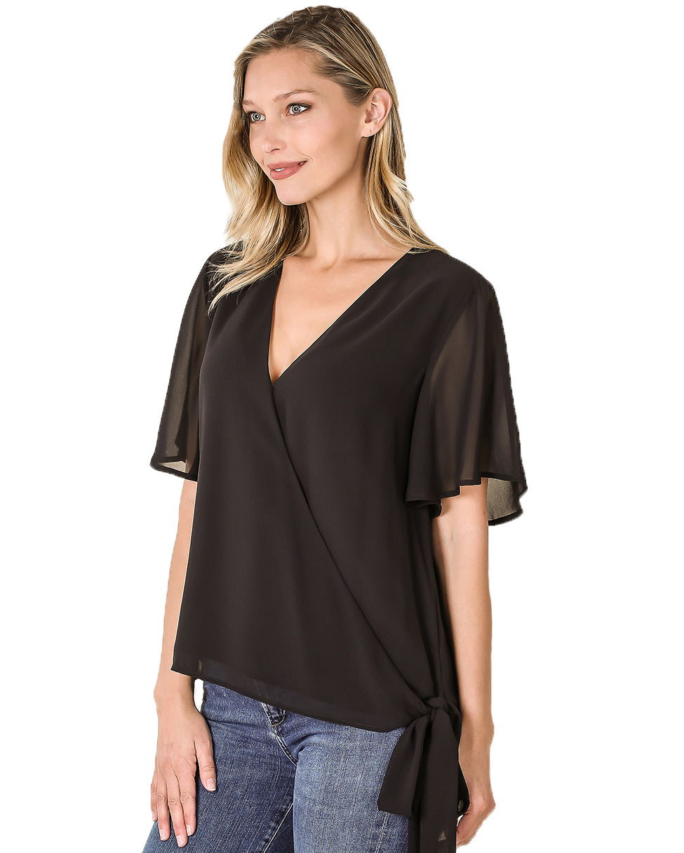 Zenana Womens Woven Double Layer Chiffon Side Tie Bell Sleeve Top - Picture 26 of 31