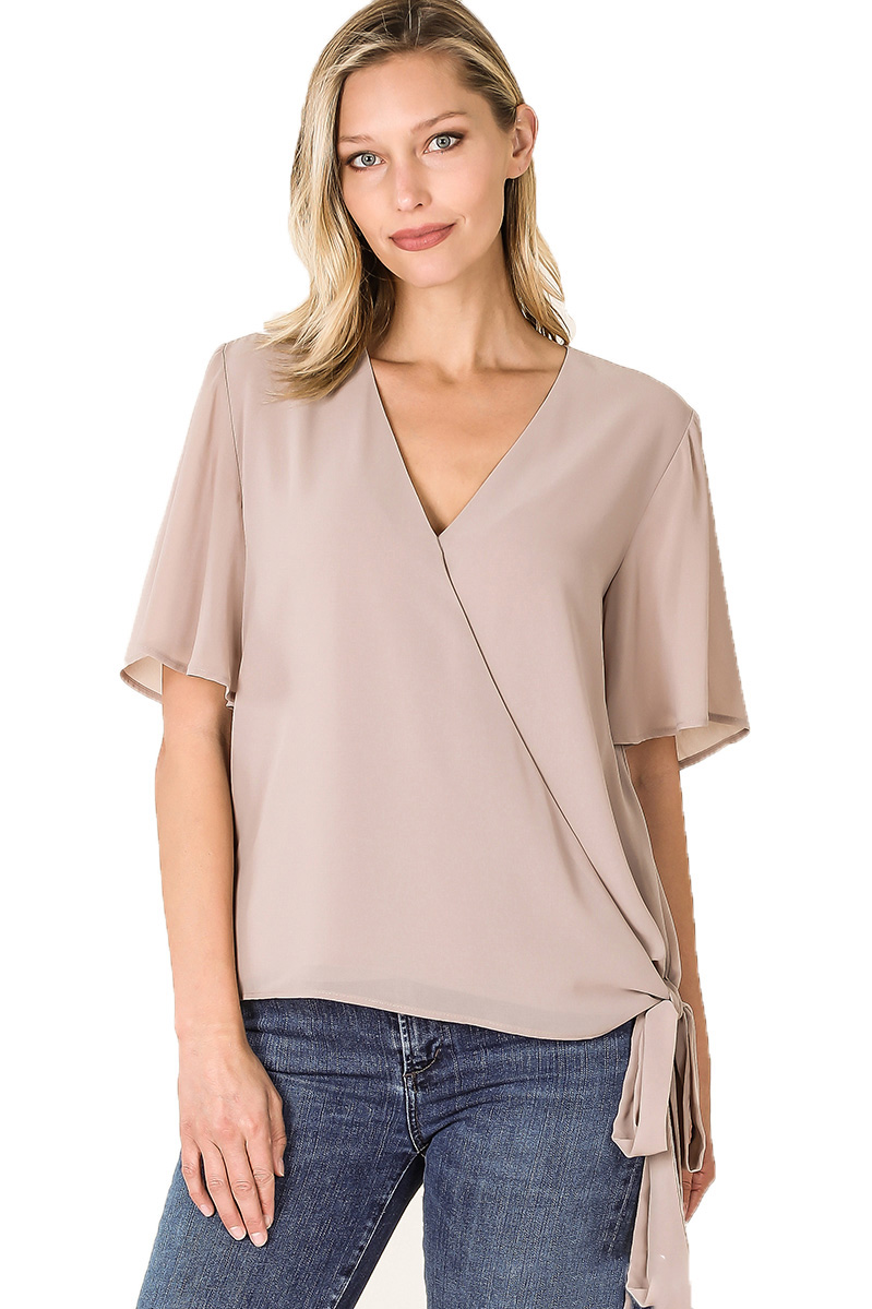 Zenana Womens Woven Double Layer Chiffon Side Tie Bell Sleeve Top - Picture 12 of 31