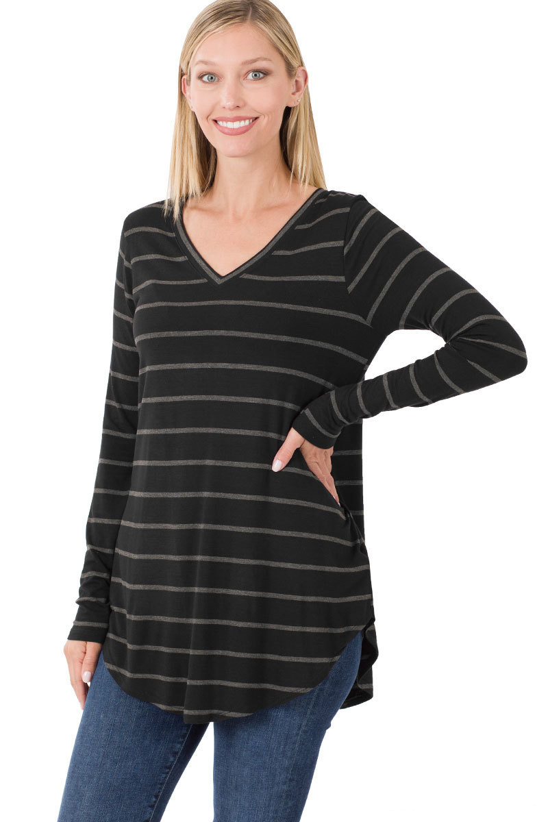 Zenana Womens Long Sleeve V-Neck Dolphin Hem Striped Top - Picture 7 of 11