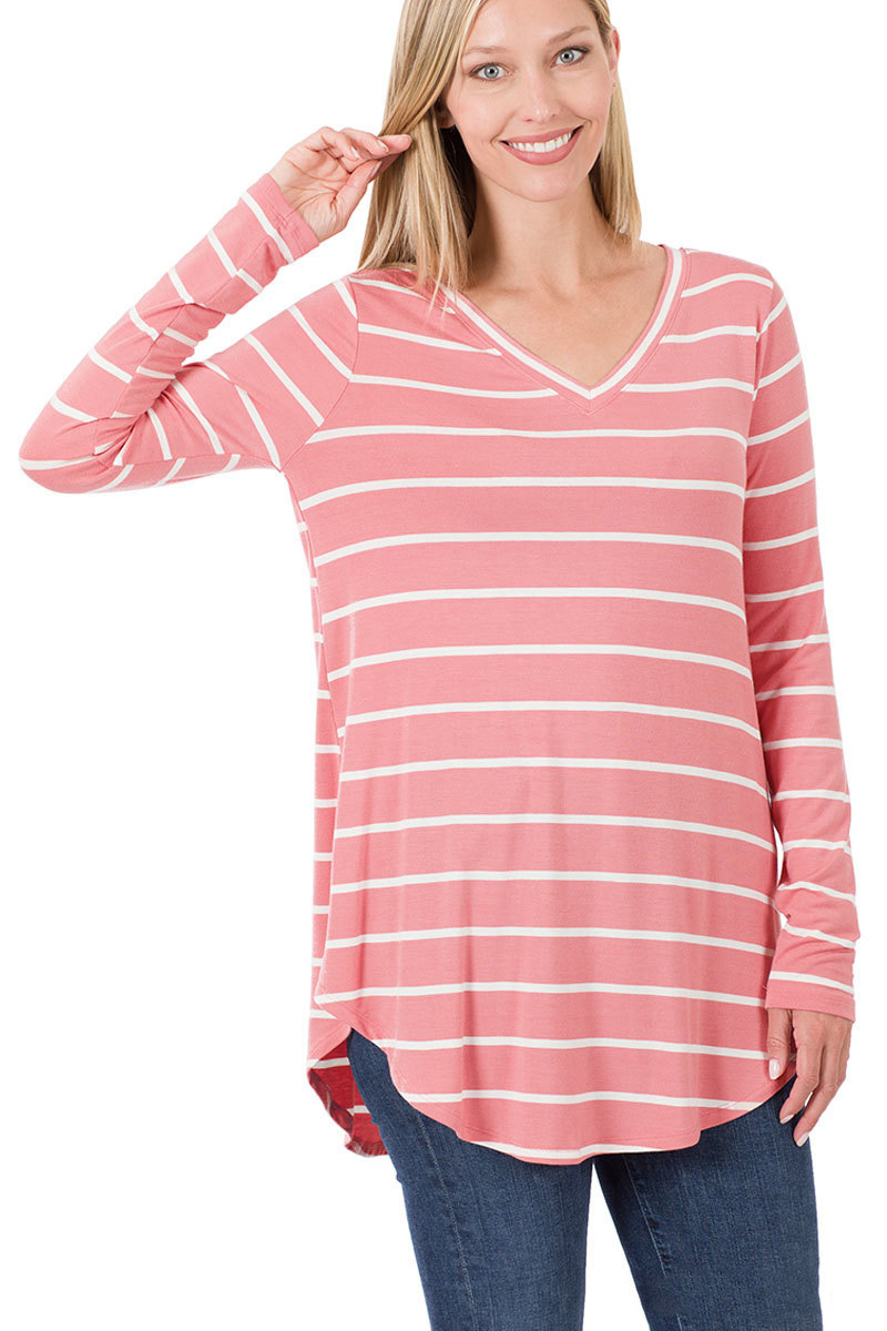 Zenana Womens Long Sleeve V-Neck Dolphin Hem Striped Top - Picture 11 of 11