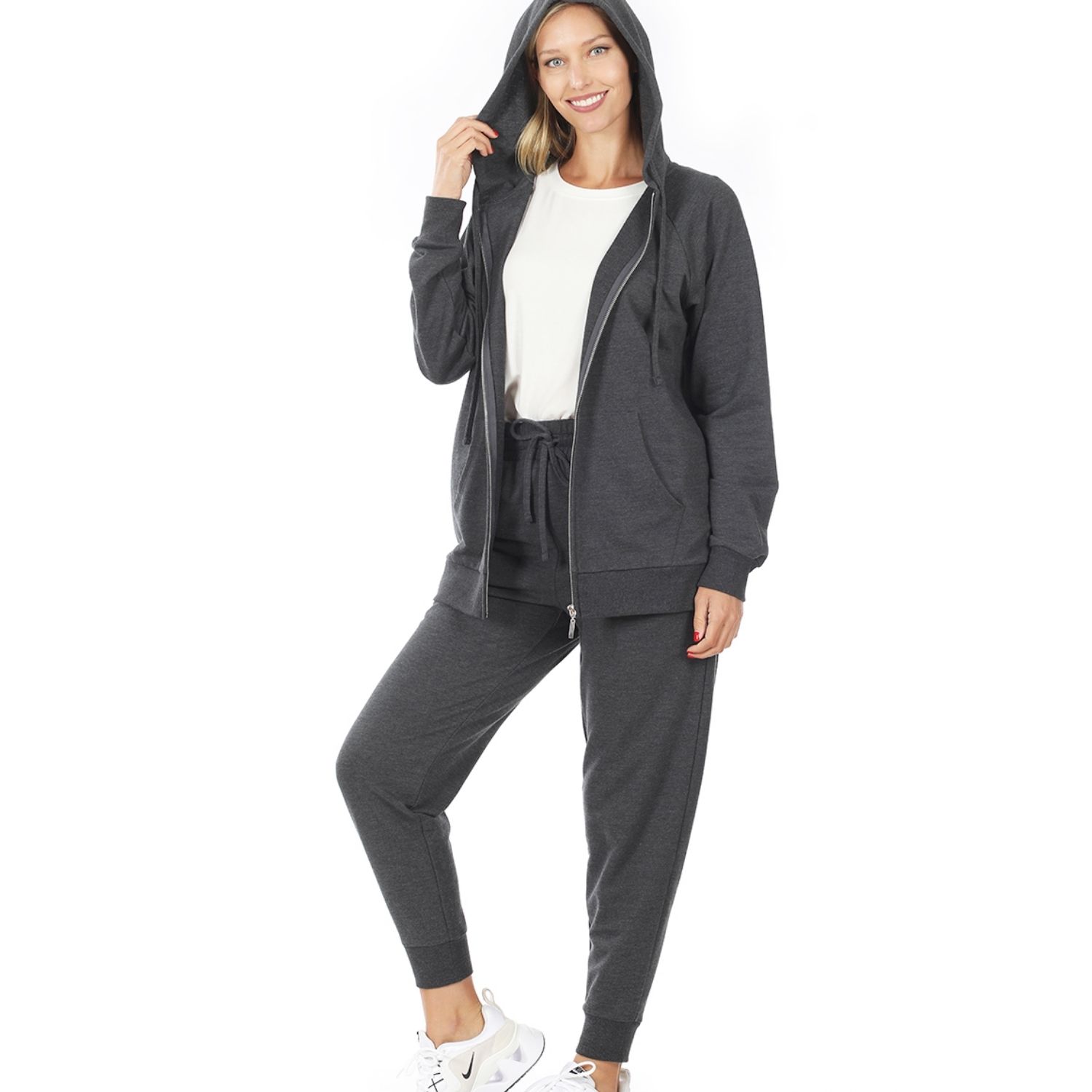 Zenana Womens French Terry Raglan Sleeve Jacket and Jogger Pant Set, Charcoal S - Picture 7 of 10