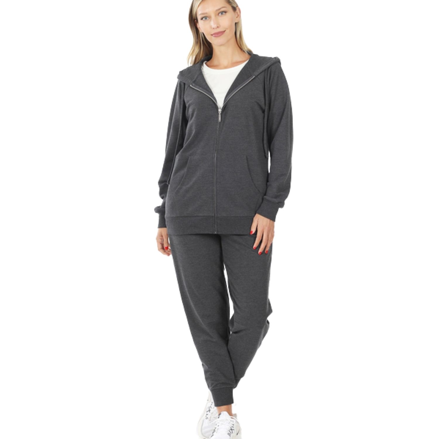 Zenana Womens French Terry Raglan Sleeve Jacket and Jogger Pant Set, Charcoal S - Picture 10 of 10