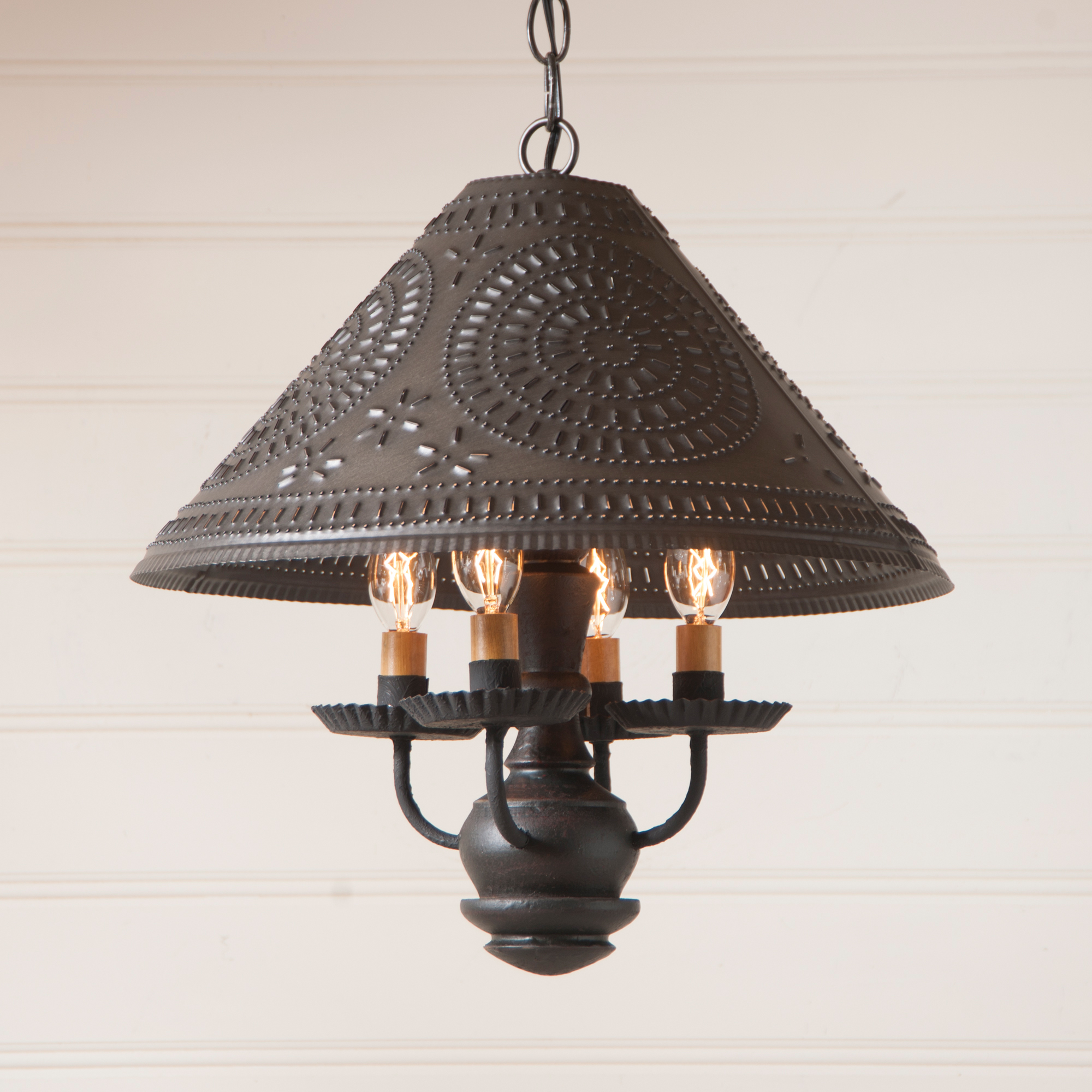 WOOD and PUNCHED TIN PENDANT LIGHT Rustic Country Primitive Ceiling Lamp & Shade - Picture 8 of 10