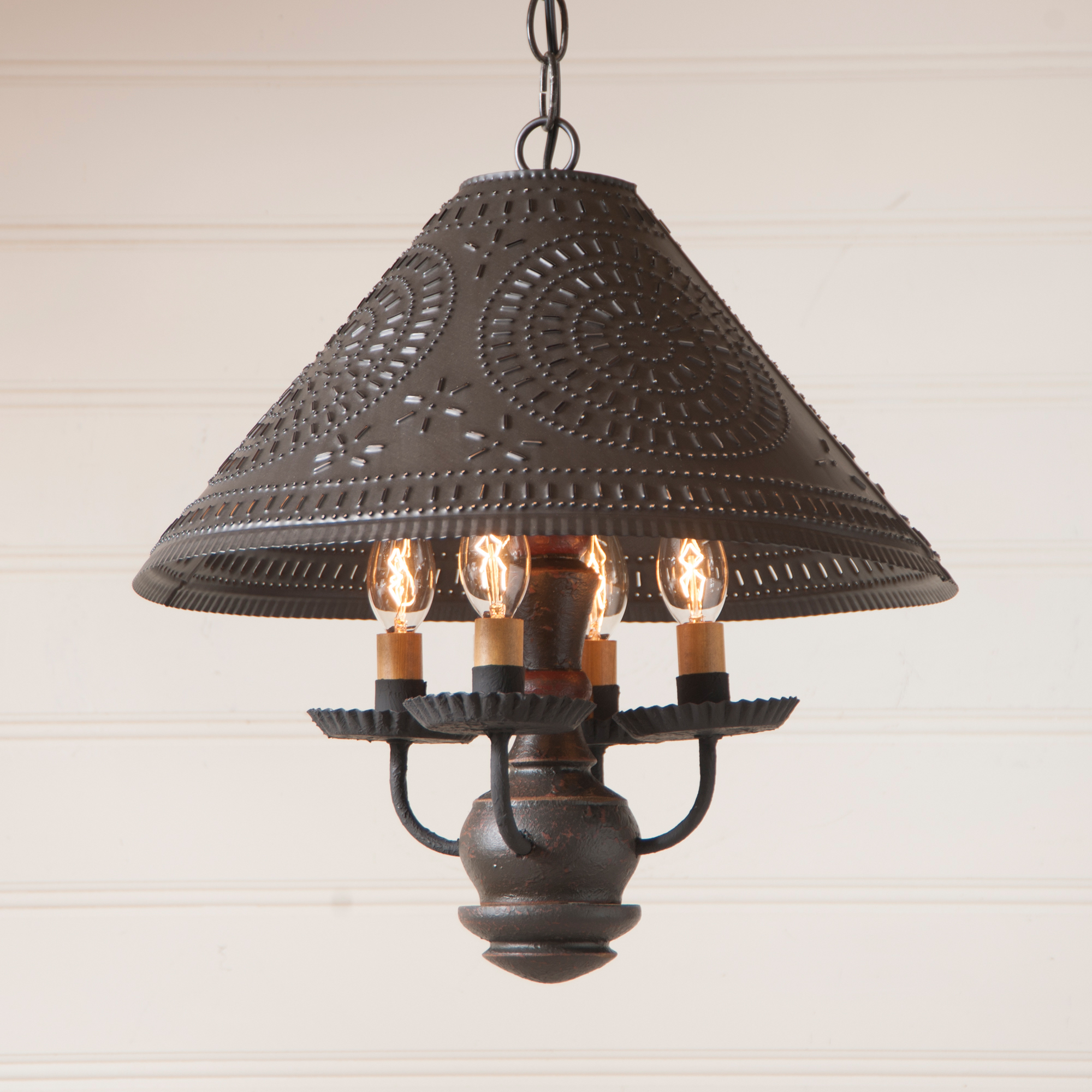 WOOD and PUNCHED TIN PENDANT LIGHT Rustic Country Primitive Ceiling Lamp & Shade - Picture 10 of 10