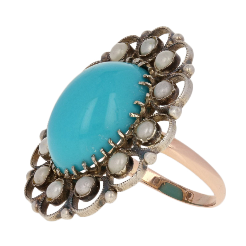 Bague Vintage En Turquoise Simulée Et Perle – Or 10k Et Argent, Taille 6, Occasion
