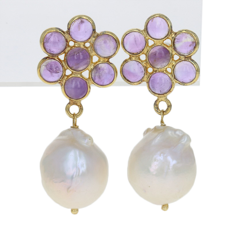 Details about / Cultured Pearl and Amethyst Round 925 Sterling Silver Dangle Earrings