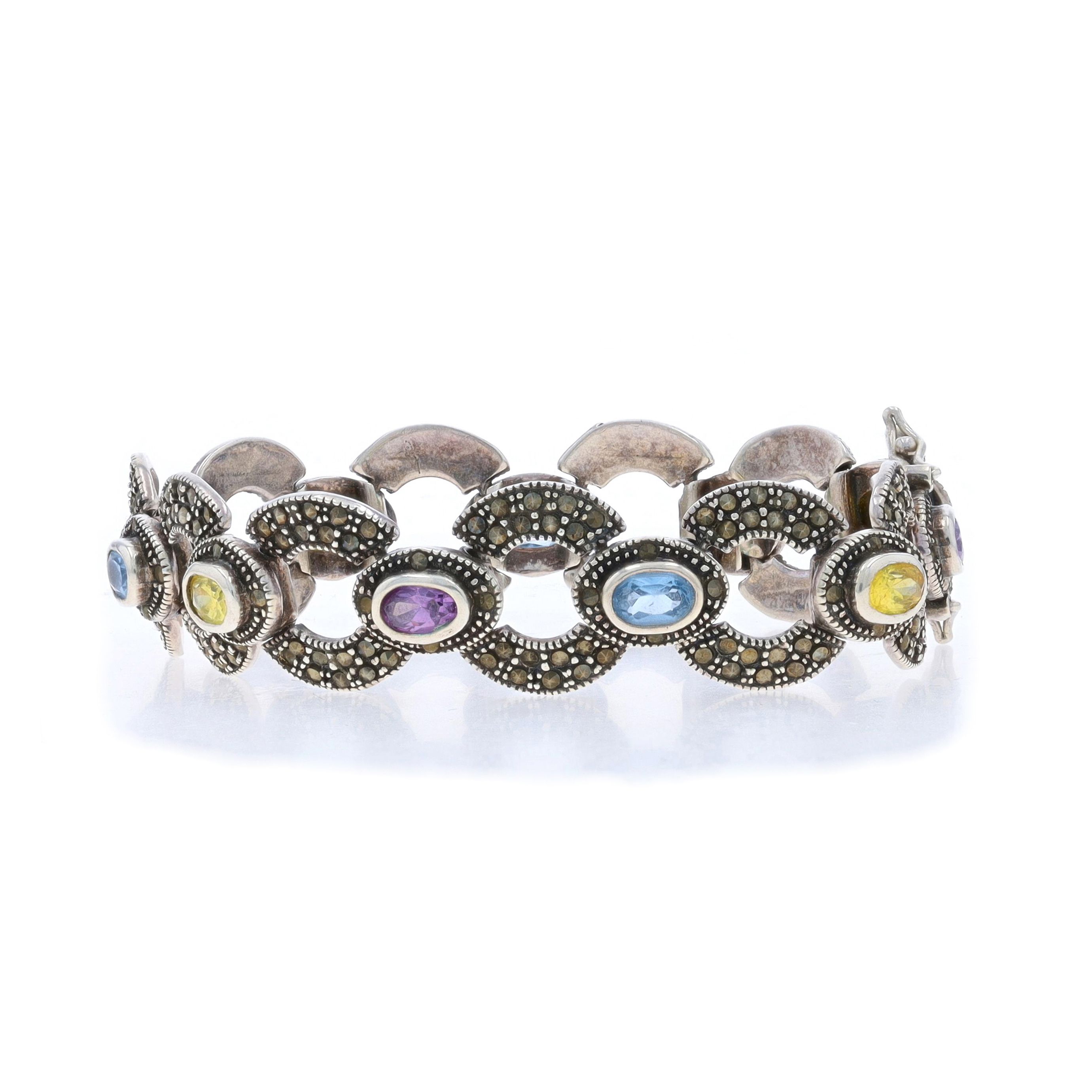 Sterling Cubic Zirconia Blue Topaz Marcasite Link Bracelet 7
