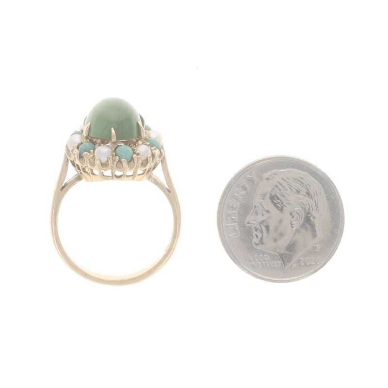 Bague Vintage En Turquoise Simulée Et Perle - Argent Et Or 10k - Style Auréole