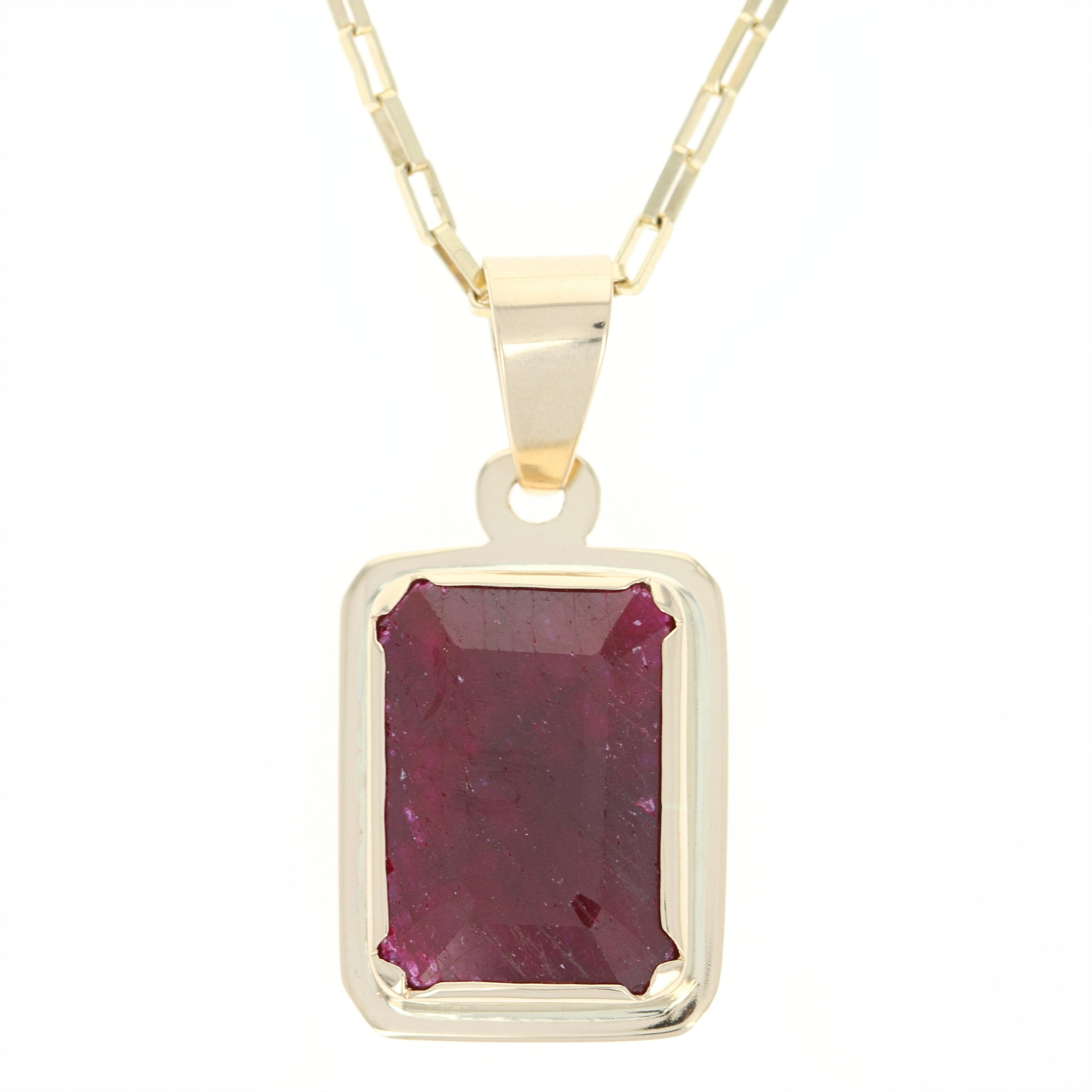 Ruby Pendant Necklace 16 14k Yellow Gold Glass Filled Emerald Cut Thumbnails To Enlarge