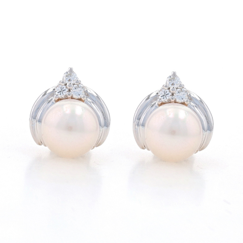 Boucles D'oreilles Or Blanc 18KT Avec Diamant Et Perles Akoya 9 Mm - Neuf Avec étiquettes