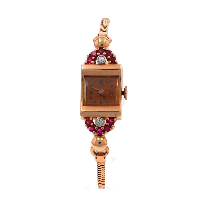 Rose Gold Ruby & Diamond Retro Ladies Wristwatch - 14k  display picture 2