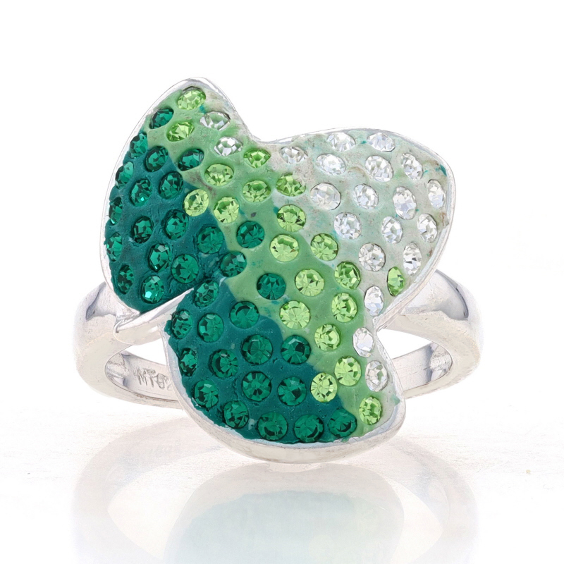 Rhinestone Encrusted Clover Ring - Sterling Silver 925 Size 7.25