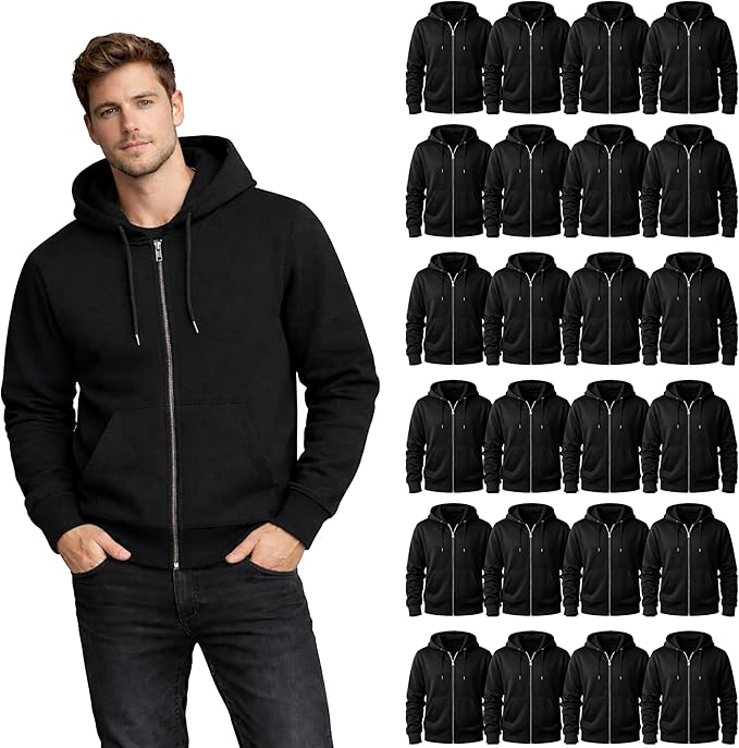 BILLIONHATS 24-Pack Wholesale Full Zip Hoodies, Assorted Sizes, Cotton Fleece