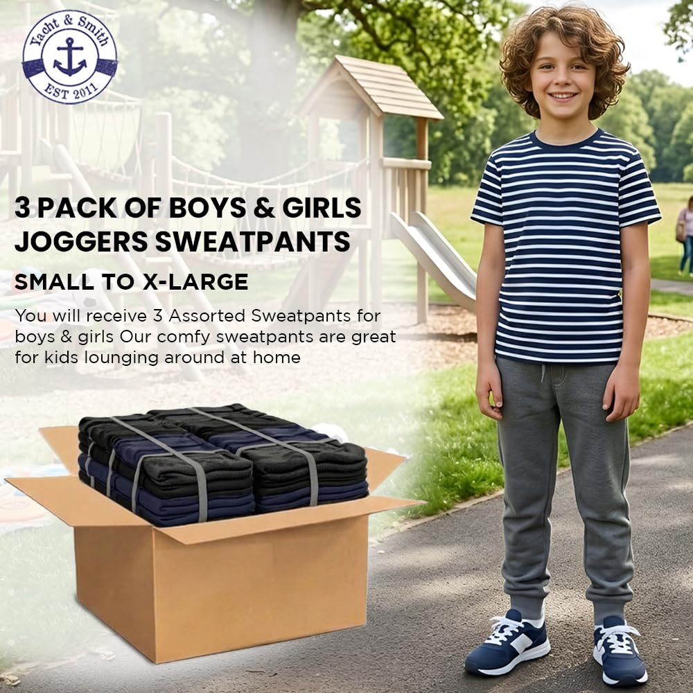 Yacht & Smith 3 Pack Boys Jogger Bulk Sweatpants, Comfy Lounge Joggers for Kids - Produktbild 1