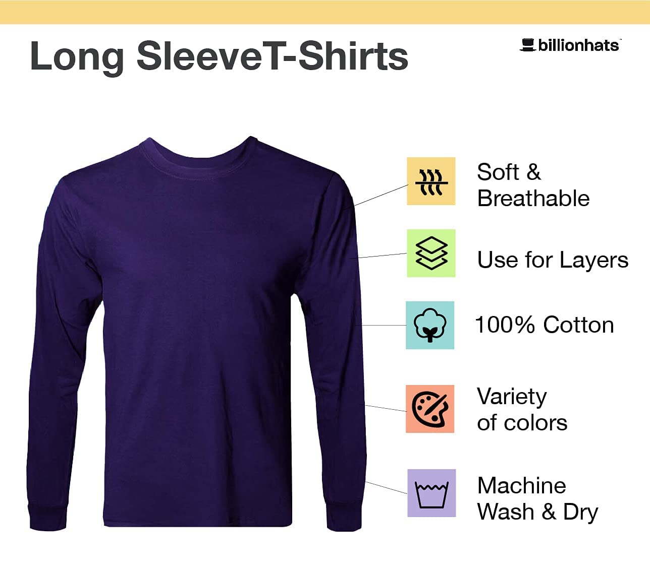 BILLIONHATS Big & Tall Long Sleeve Colorful T-Shirts for Mens 100% Cotton - Afbeelding 7 van 15