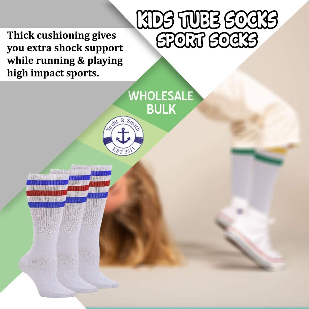 240 PK of Kids Cotton Tube Socks White With Stripes Size 4-6