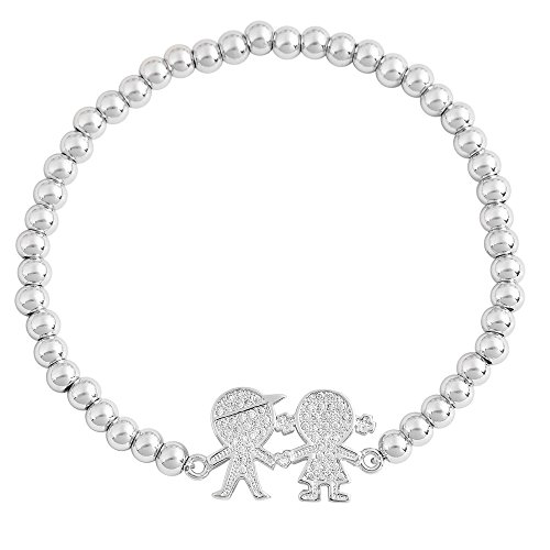 Womens Stainless Steel CZ Stretch Beaded Bracelet Twins Male Female Charm