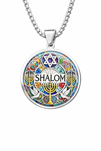 Star of David Menorah Pendant SHALOM Jewish Medallion Mosaic Design