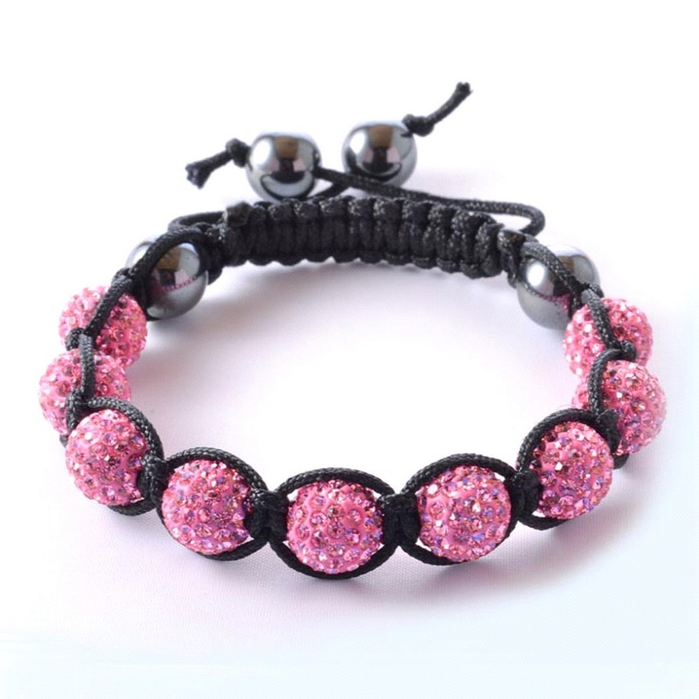 Pink Crystals Black Cord Beaded Ball Bracelet | eBay