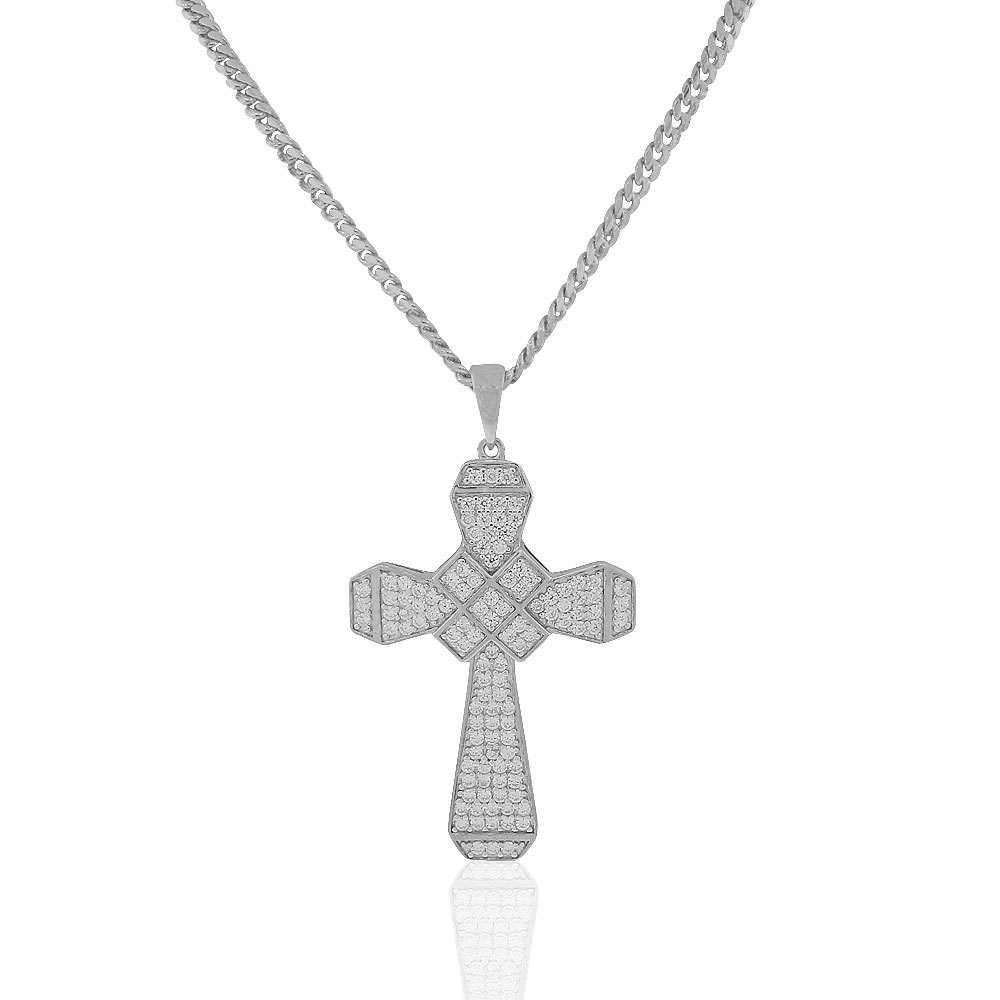 ●TATIANA● Silver 925 Clear Cross Pendant NecklaceNZ1145 17 925 Sterling Silver Clear CZ Large Hip-Hop Statement Cross
