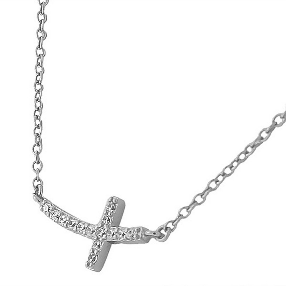 Sterling Silver Horizontal Religious Cross White Crystals CZ Pendant