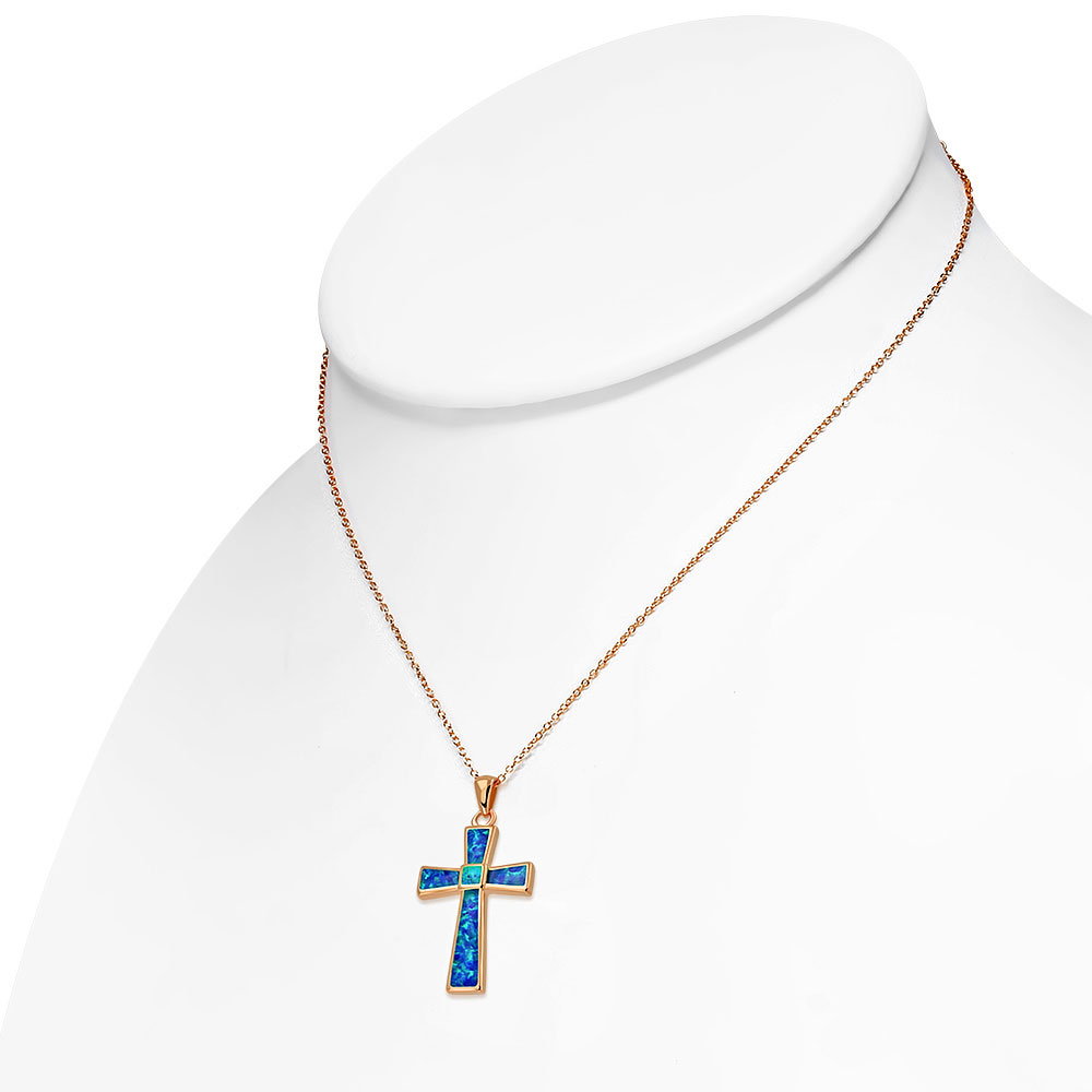 Collar colgante de cruz religiosa de ópalo azul simulado de plata de ley 925 - Imagen 9 de 11