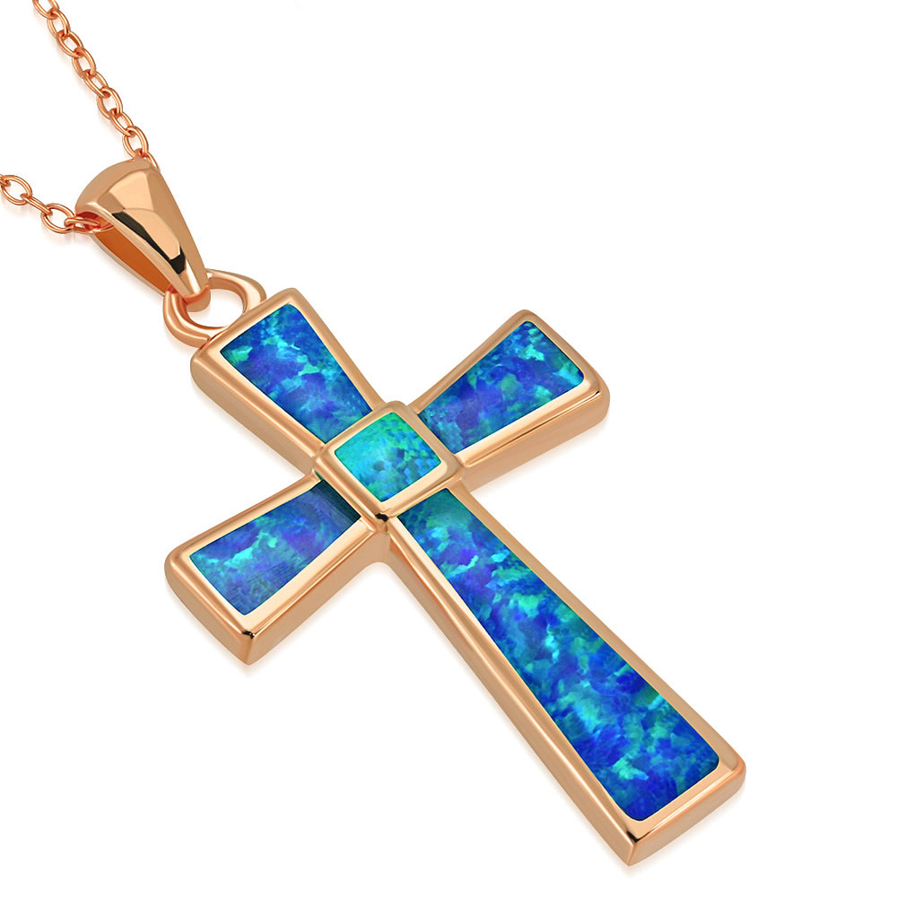 Collar colgante de cruz religiosa de ópalo azul simulado de plata de ley 925 - Imagen 8 de 11