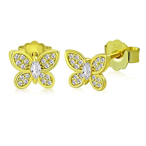 Aretes pequeños de plata de ley 925 con circonita cúbica mariposa - Imagen 7 de 21