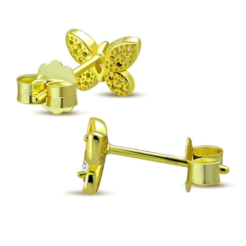 Aretes pequeños de plata de ley 925 con circonita cúbica mariposa - Imagen 8 de 21