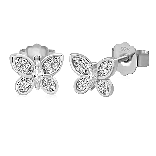 Aretes pequeños de plata de ley 925 con circonita cúbica mariposa - Imagen 12 de 21