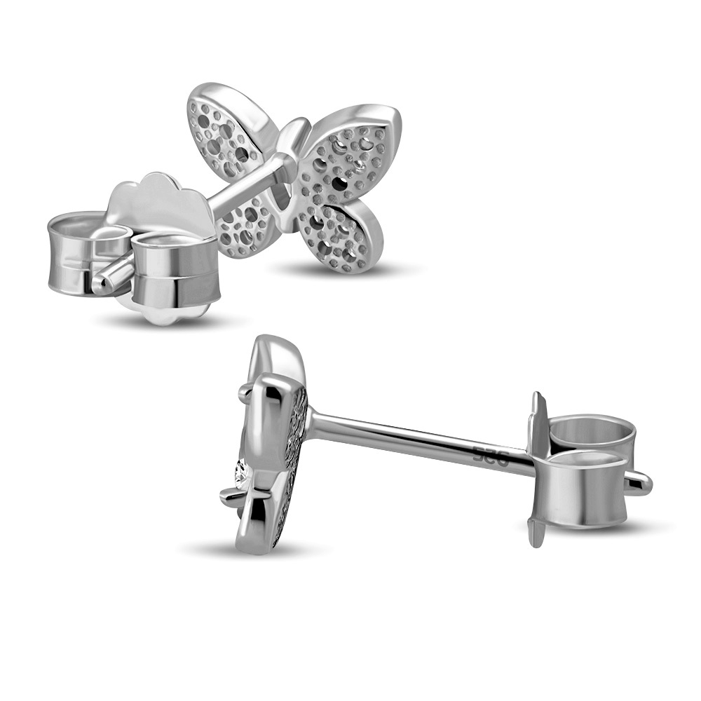 Aretes pequeños de plata de ley 925 con circonita cúbica mariposa - Imagen 13 de 21