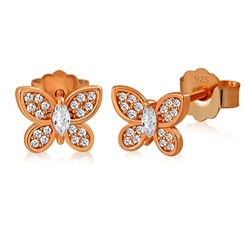 Aretes pequeños de plata de ley 925 con circonita cúbica mariposa - Imagen 17 de 21