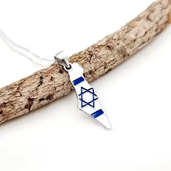 Sterling Silber Israel Karte jüdischer Davidstern Anhänger blau und weiß Emaille - Bild 8 von 9