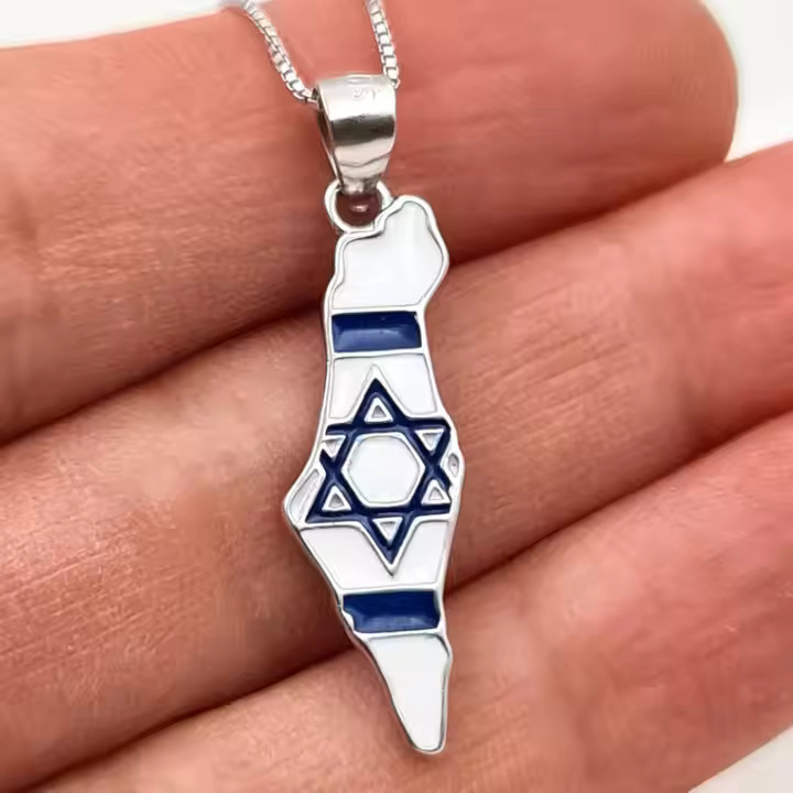 Sterling Silber Israel Karte jüdischer Davidstern Anhänger blau und weiß Emaille - Bild 9 von 9