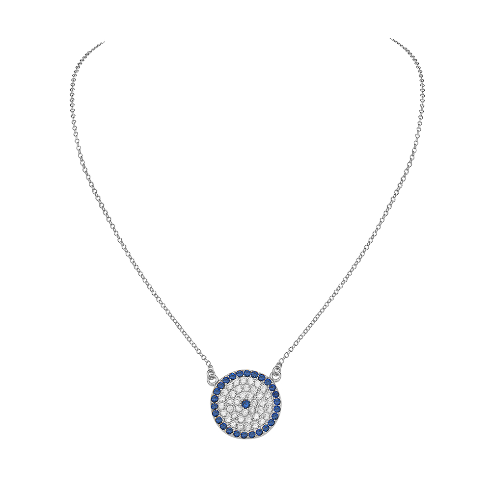 925 Sterling Silver Evil Eye Hamsa White Blue CZ Pendant Necklace - Picture 14 of 16
