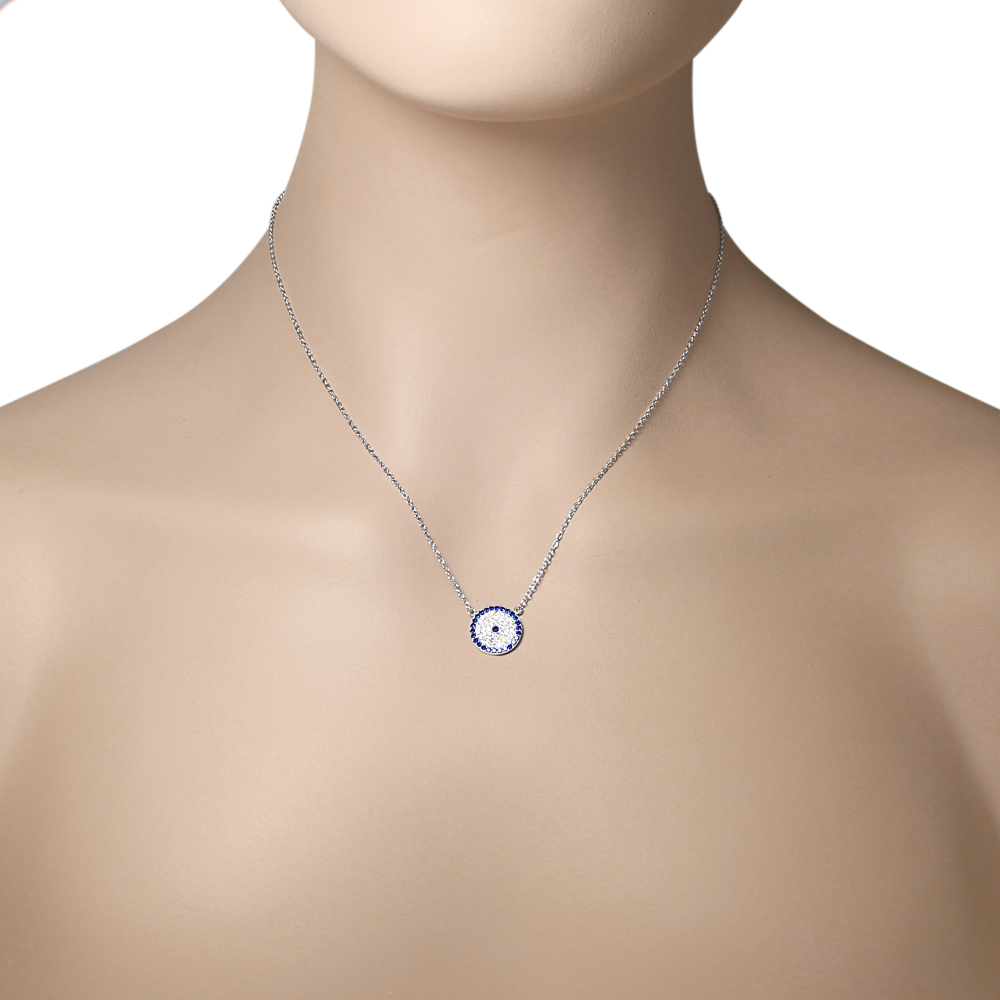 925 Sterling Silver Evil Eye Hamsa White Blue CZ Pendant Necklace - Picture 15 of 16