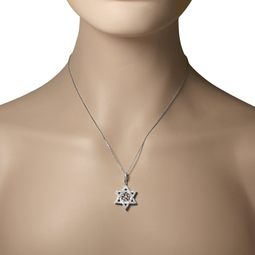 925 Sterling Silver Jewish Star of David CZ Filigree Pendant Necklace