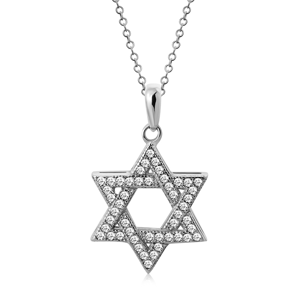 Sterling Silver Jewish Star of David White Crystals CZ Pendant Necklace 