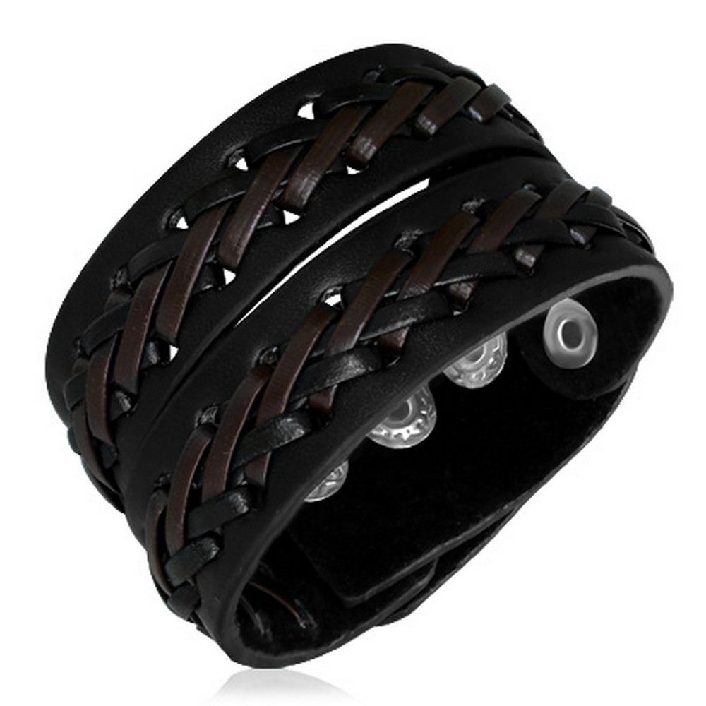 Brown Two-Tone Leather Alloy Cross Snap Unisex Bracelet main product image