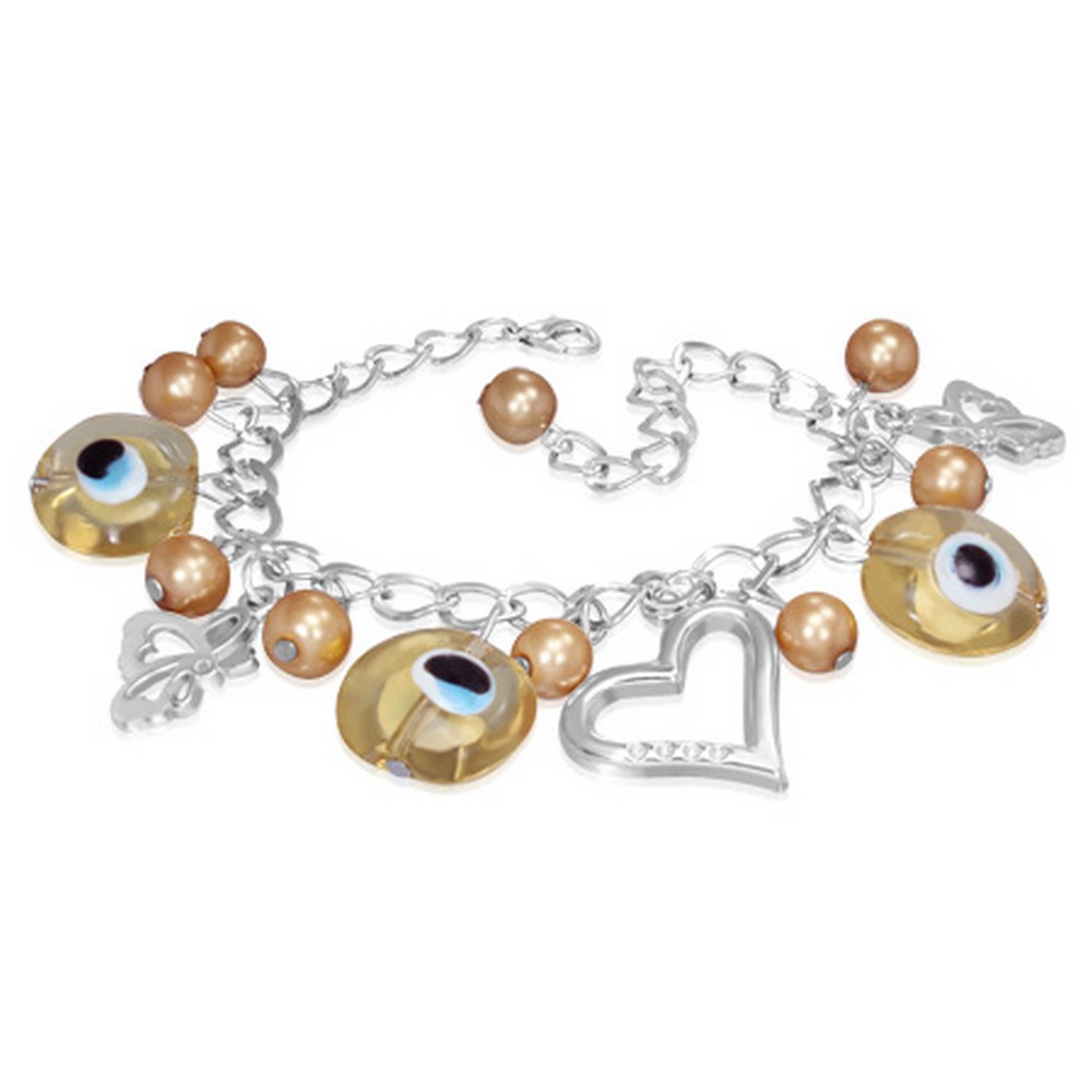 Fashion Yellow Gold Tone Evil Eye Beads Ball Heart Butterfly Womens Bracelet main product image