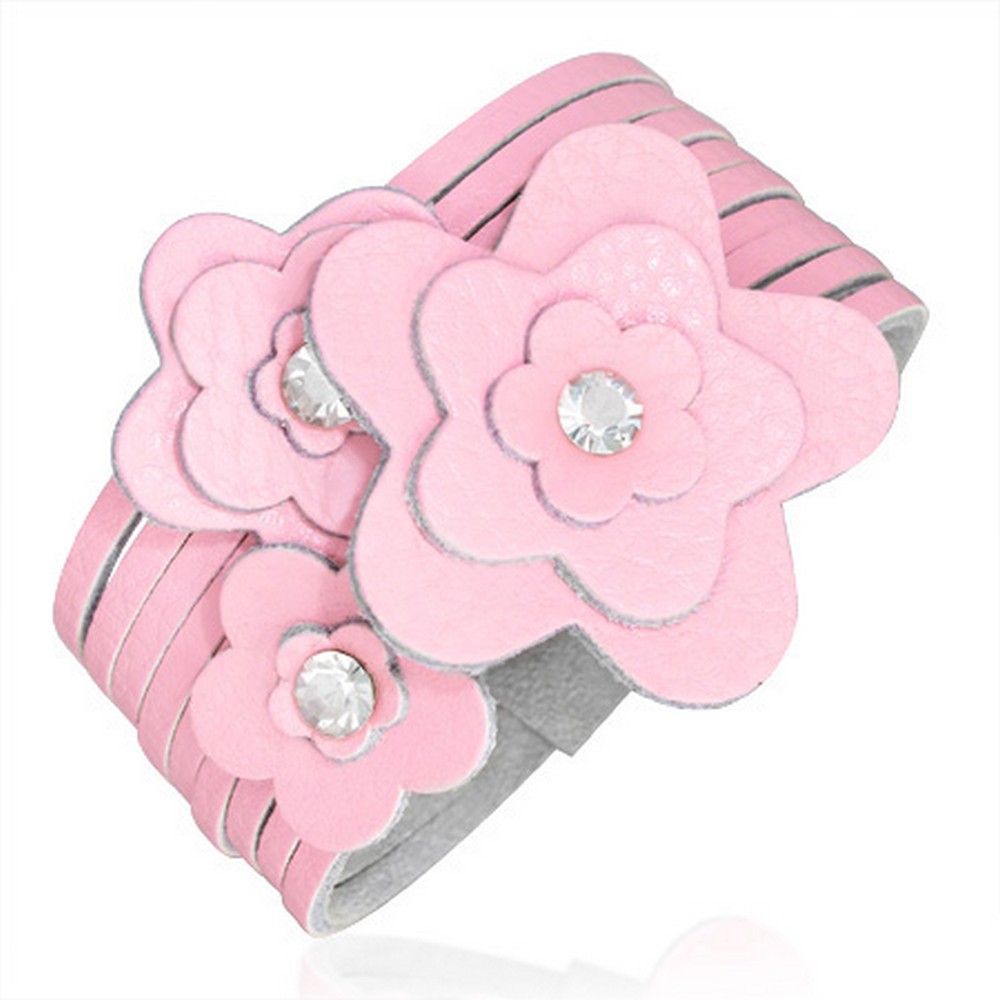 Pink Leather Deco Crystal Star Flower Snap CZ Womens Bracelet