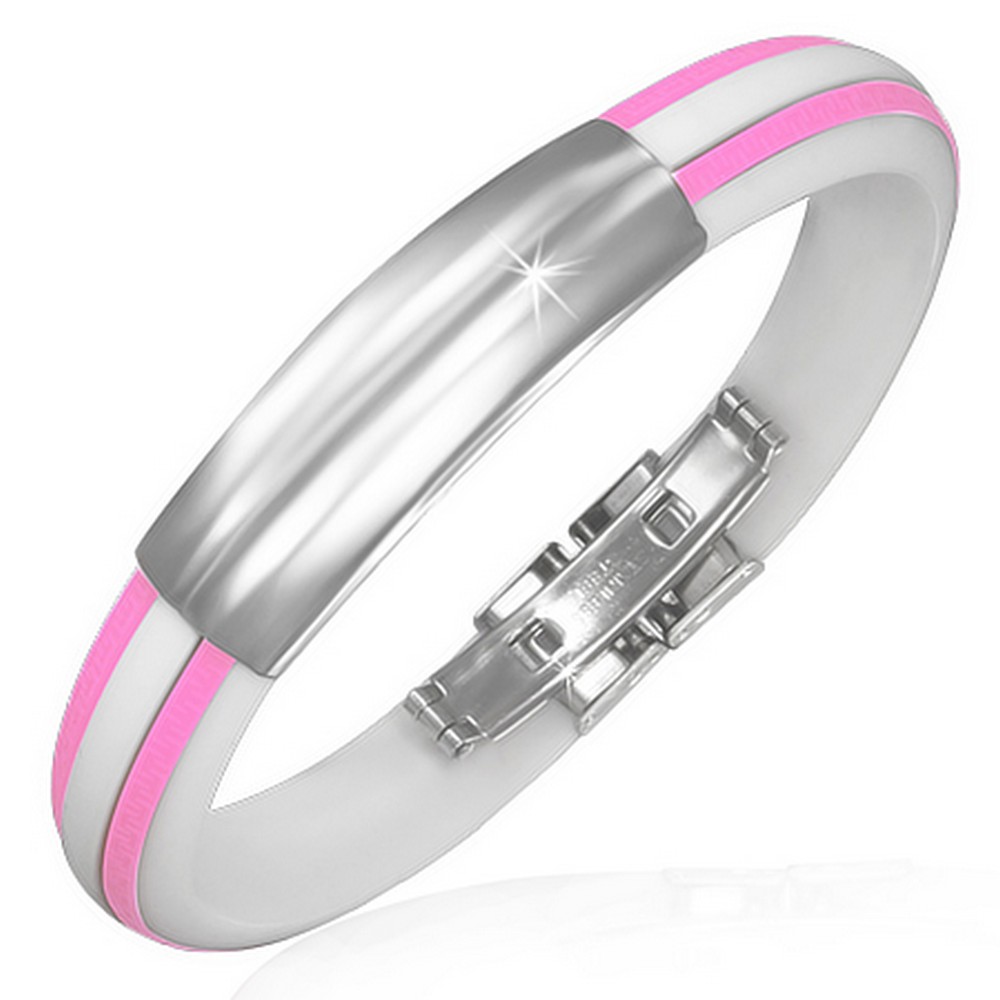 Stainless Steel Pink White Rubber Greek Key Stripes Unisex Bracelet with Clasp