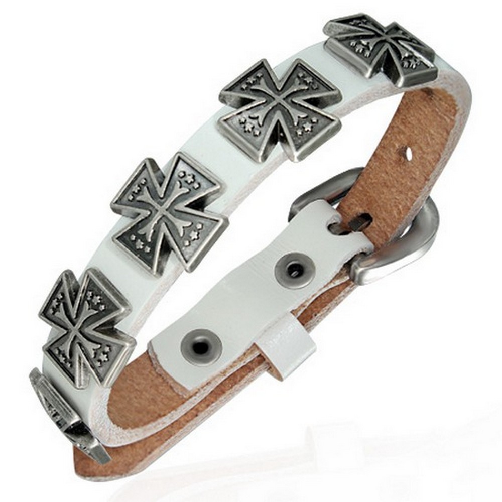 White Leather Silver-Tone Maltese Cross Links Adjustable Wristband Wrap Bracelet - Bild 2 von 5