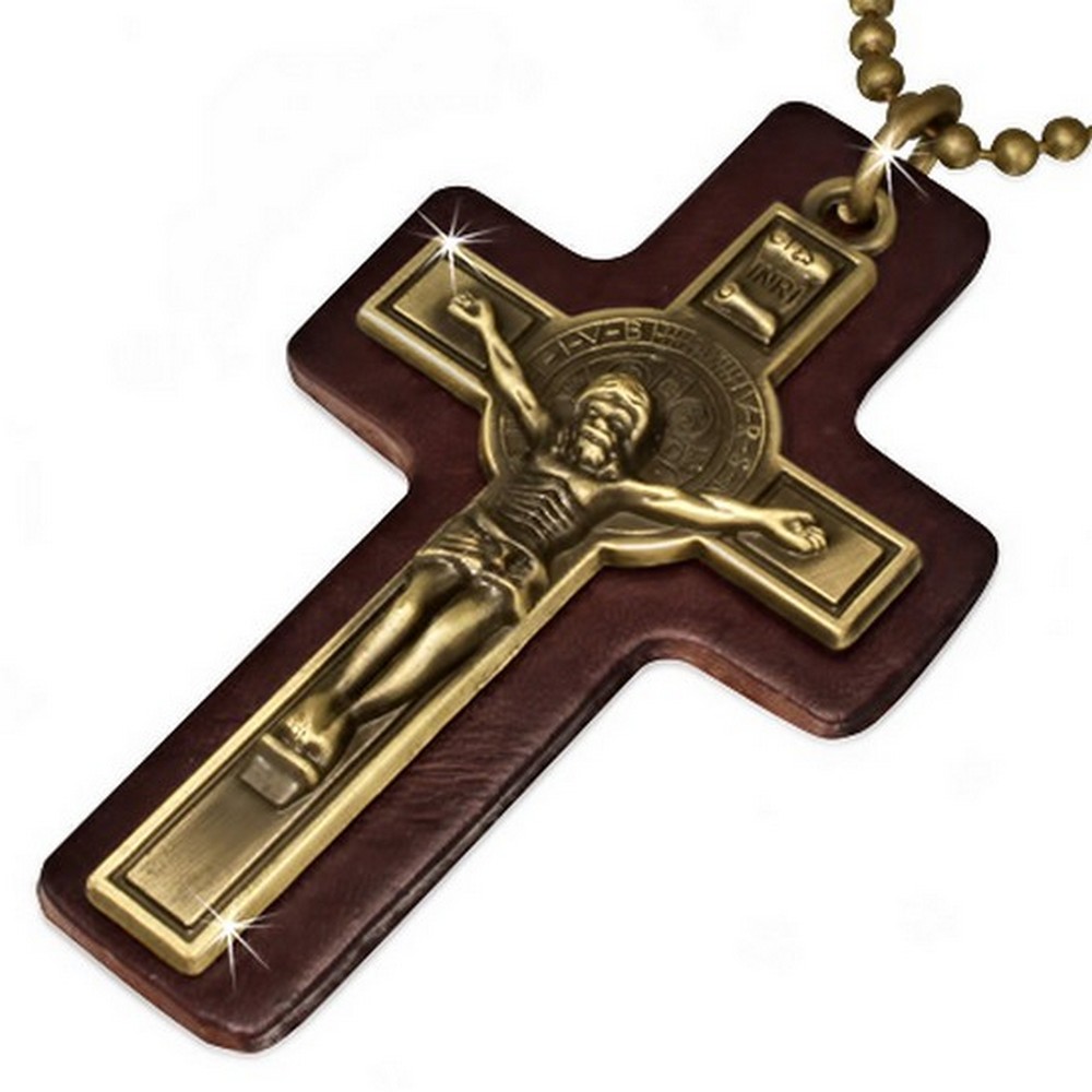Extra große braune Leder Gelbgold Religiöses Kreuz Herren Anhänger Halskette - Bild 2 von 7