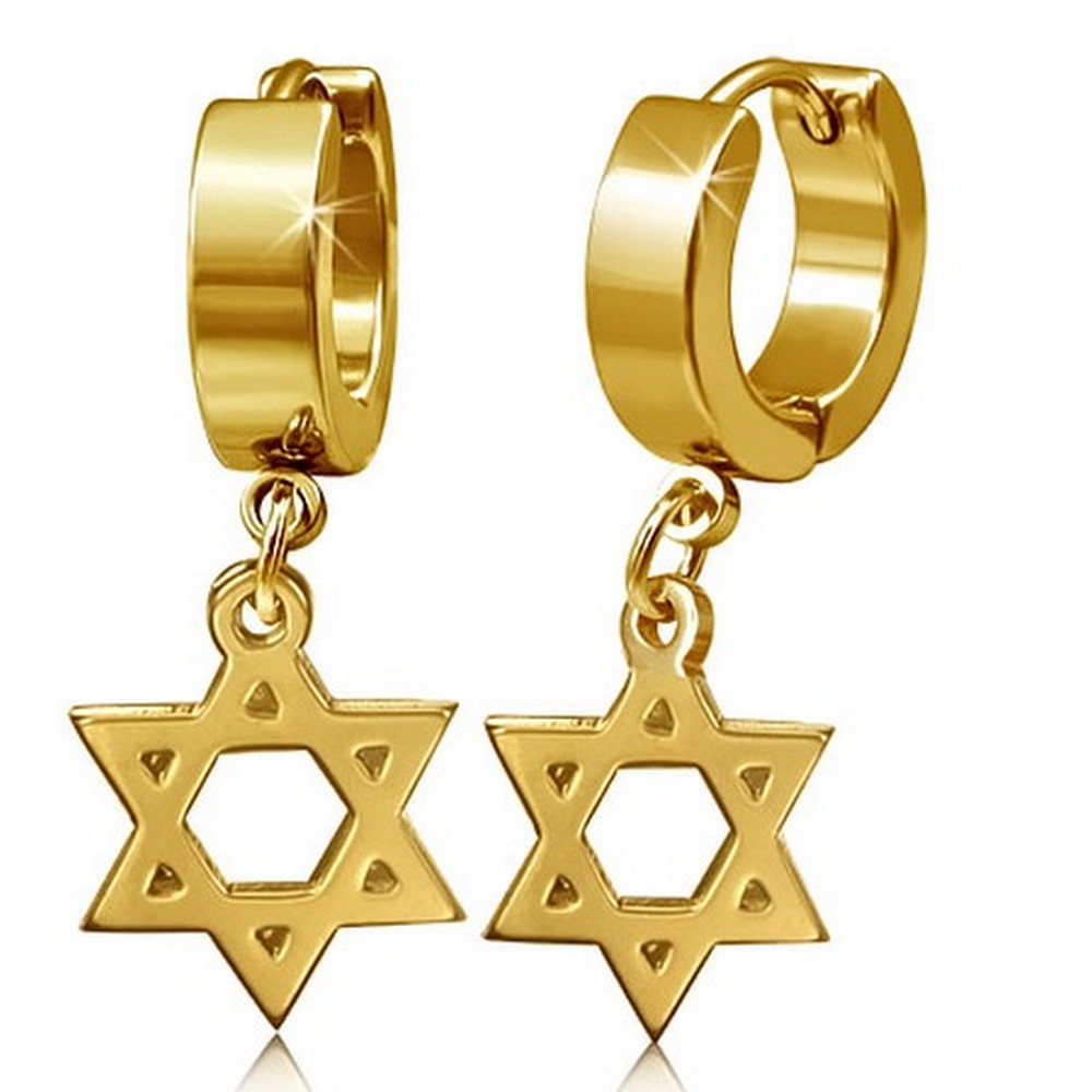 Stainless Steel Yellow Gold Classic Jewish Star David Huggie Dangle Earrings - Picture 2 of 5