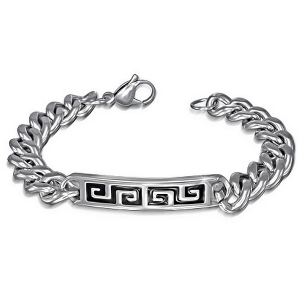 Stainless Steel Black Silver-Tone Mens Greek Key Link Chain Bracelet with Clasp - Picture 1 of 3