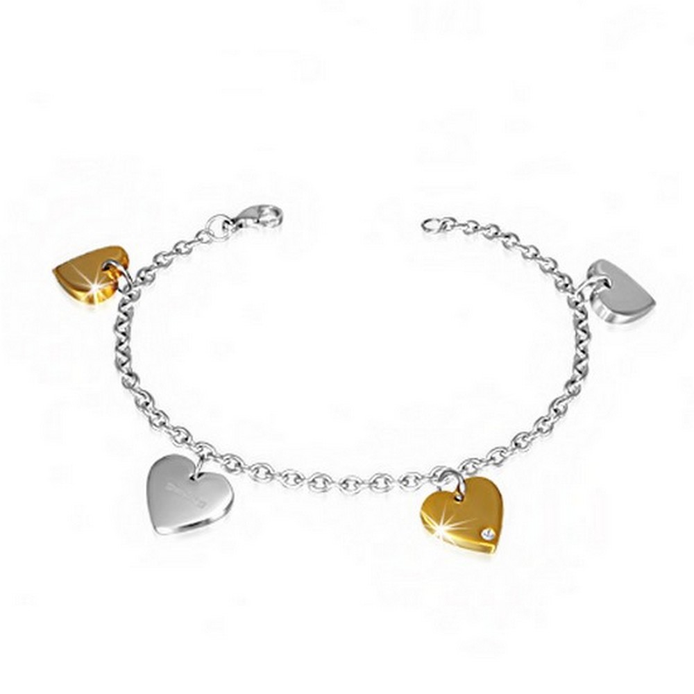Stainless Steel Silver Yellow Gold Crystals CZ Love Heart Charm Womens Bracelet