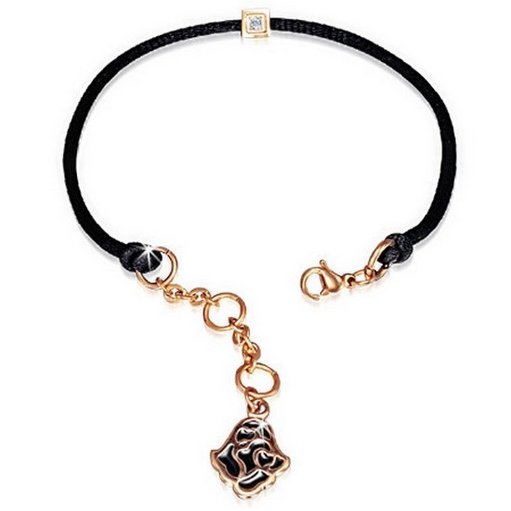 Black Cord Stainless Steel Rose Gold-Tone Flower Crystal CZ Wristband Bracelet